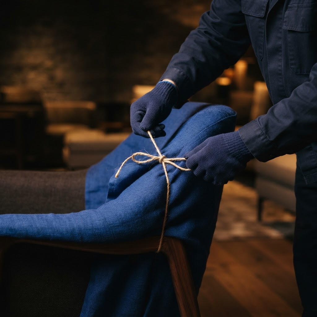 Hands carefully wrapping a designer chair