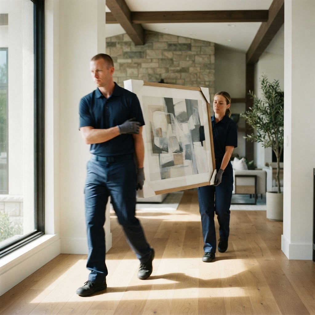 Morwal movers carefully carrying artwork through a home